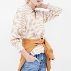 Smocked-cuff popover top in stripe size XS